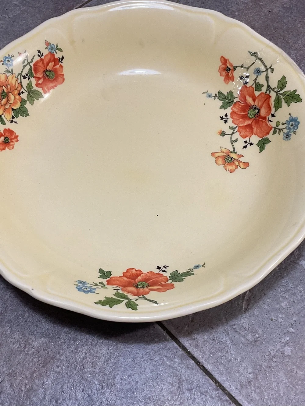 Yellow Floral Ceramic Serving Bowl with Orange Flower Accents